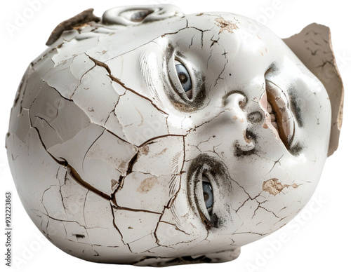 Broken Porcelain Doll Head:  A haunting and evocative image of a broken porcelain doll head. The cracked and chipped surface reveals the fragility of childhood innocence and the passage of time.  photo