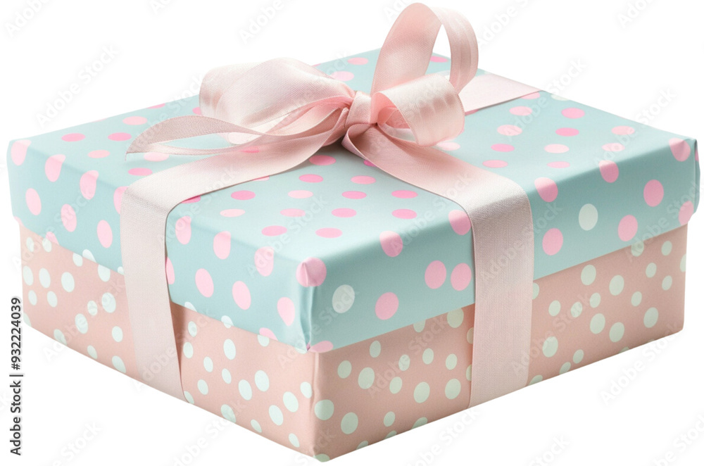 Obraz premium Polka Dot Gift Box with Pink Ribbon: A charming and delightful gift box wrapped in a delicate blue polka dot paper with a soft pink ribbon isolated on transparent background.