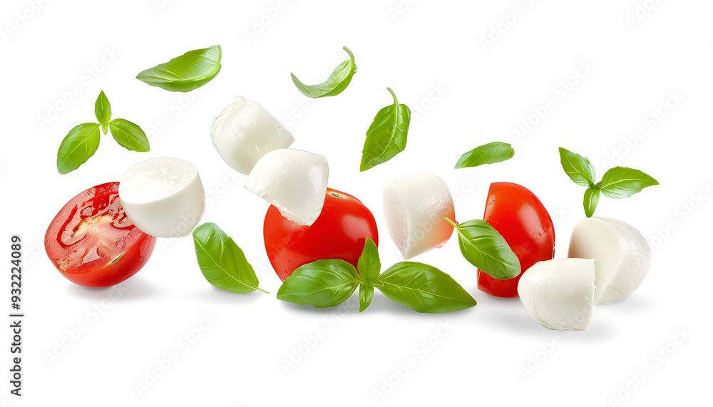 Falling mozzarella cheese isolated on white background with clipping path, caprese salad ingredients Falling mozzarella cheese isolated on white background with clipping path, caprese salad ingredients