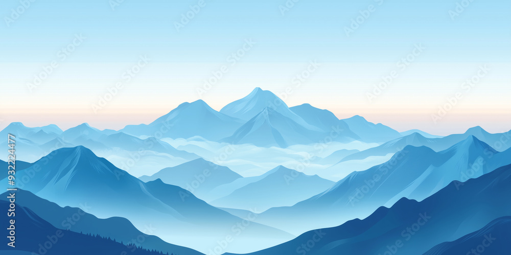 Mountain range with peaks stretching into the sky, shrouded in mist, with a winding river below, flat illustration Mountain range with peaks stretching into the sky, shrouded in mist, with a winding river below, flat illustration