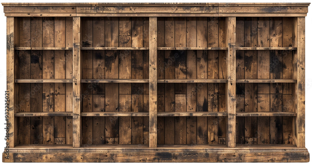 Rustic Grandeur: An expansive, antique-style bookcase crafted from reclaimed wood, exuding timeless charm and character. isolated on transparent background. Rustic Grandeur: An expansive, antique-style bookcase crafted from reclaimed wood, exuding timeless charm and character. isolated on transparent background.