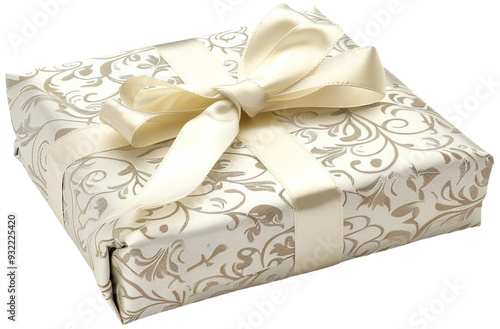 Elegant Celebration: A beautifully wrapped gift adorned with an ivory ribbon, exuding sophistication and anticipation. transparent background