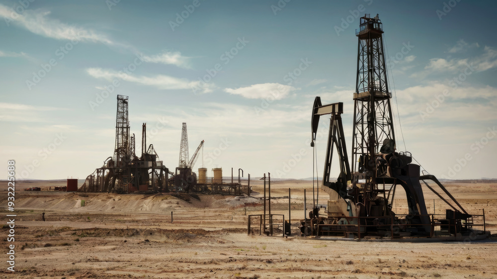 Oil field for extracting fossil fuels from the ground. Oil drilling rigs in the desert Oil field for extracting fossil fuels from the ground. Oil drilling rigs in the desert