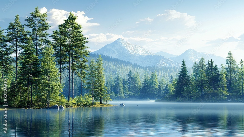 Naklejka premium A pond surrounded by trees and mountains in the background with cloudy skies above it