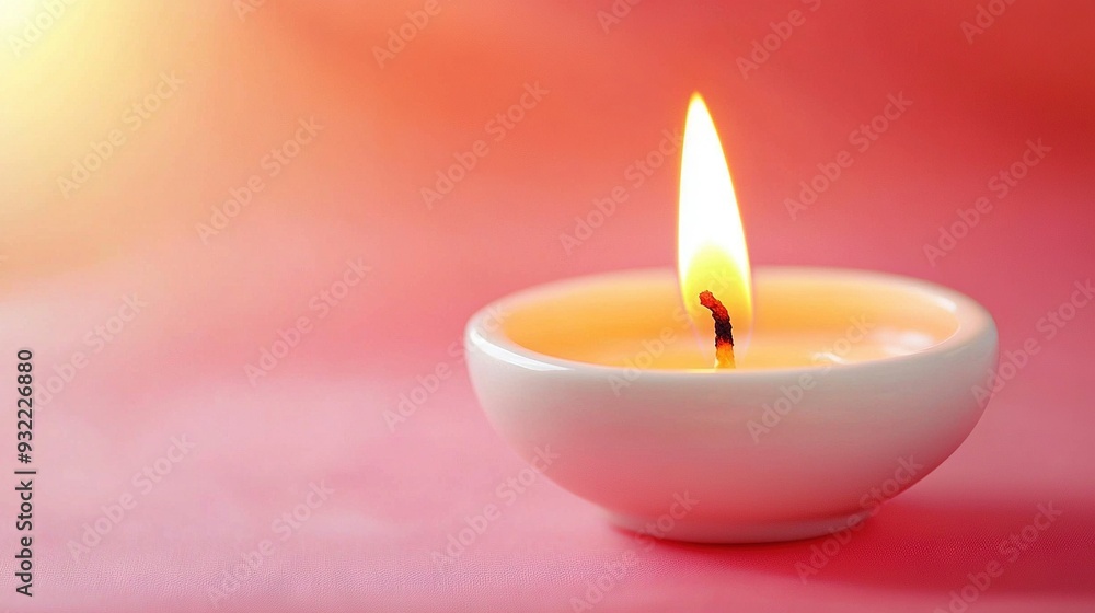 A white bowl holds a lit candle on a pink surface, illuminated by bright background light A white bowl holds a lit candle on a pink surface, illuminated by bright background light