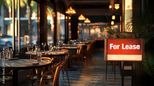 Elegant restaurant with empty tables and a For Lease sign, reflecting a broken business, cinematic, warm light, photorealistic