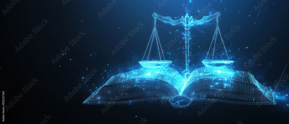 Justice, law education concept with glowing low polygonal open book and scales Justice, law education concept with glowing low polygonal open book and scales