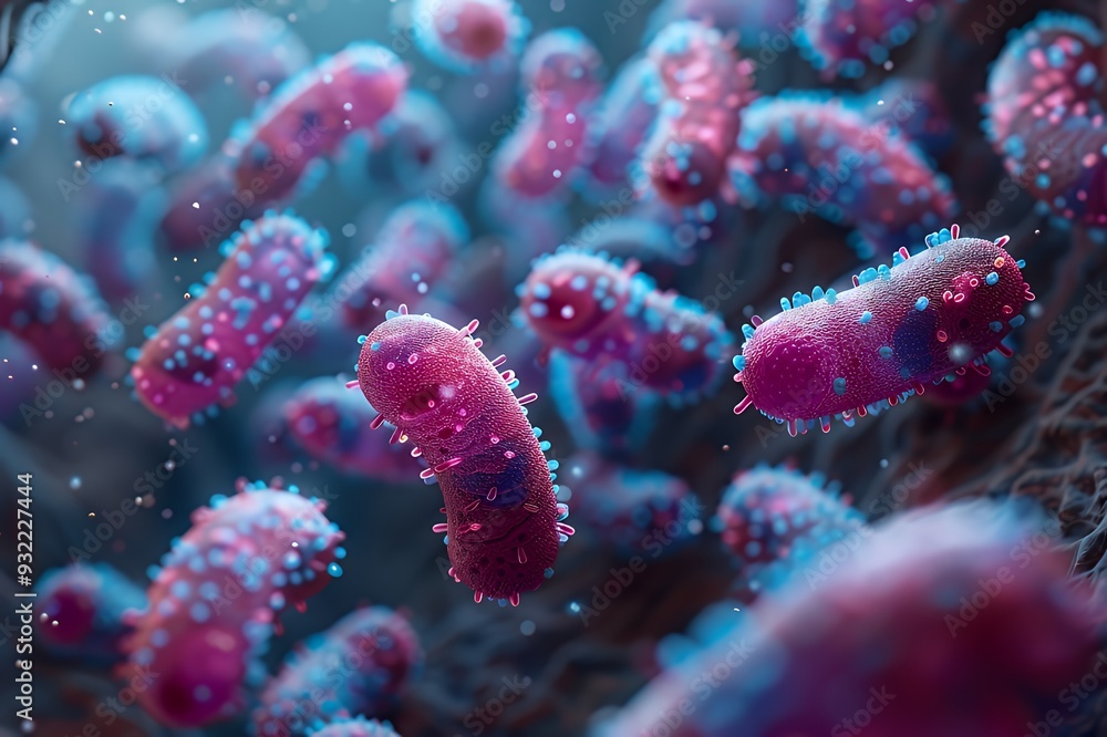 Naklejka premium A vibrant depiction of bacteria in a microscopic view, showcasing their structure and diversity.
