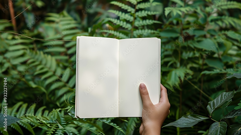 A hand holding an open blank notebook amidst lush green foliage. A hand holding an open blank notebook amidst lush green foliage.