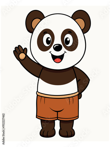 a cute panda wearing brown shorts waving like saying hi