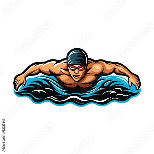 Illustration of a swimmer in mid-stroke, possibly freestyle, with a black swim cap and goggles.