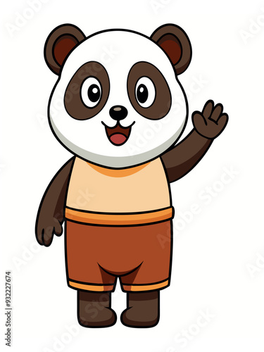 a cute panda wearing brown shorts waving like saying hi