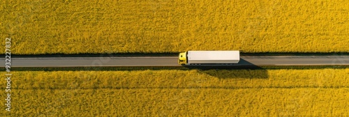 Wallpaper Mural Truck traveling along a road surrounded by a blooming rapeseed field Aerial perspective of a rural landscape with a truck and roadway Torontodigital.ca
