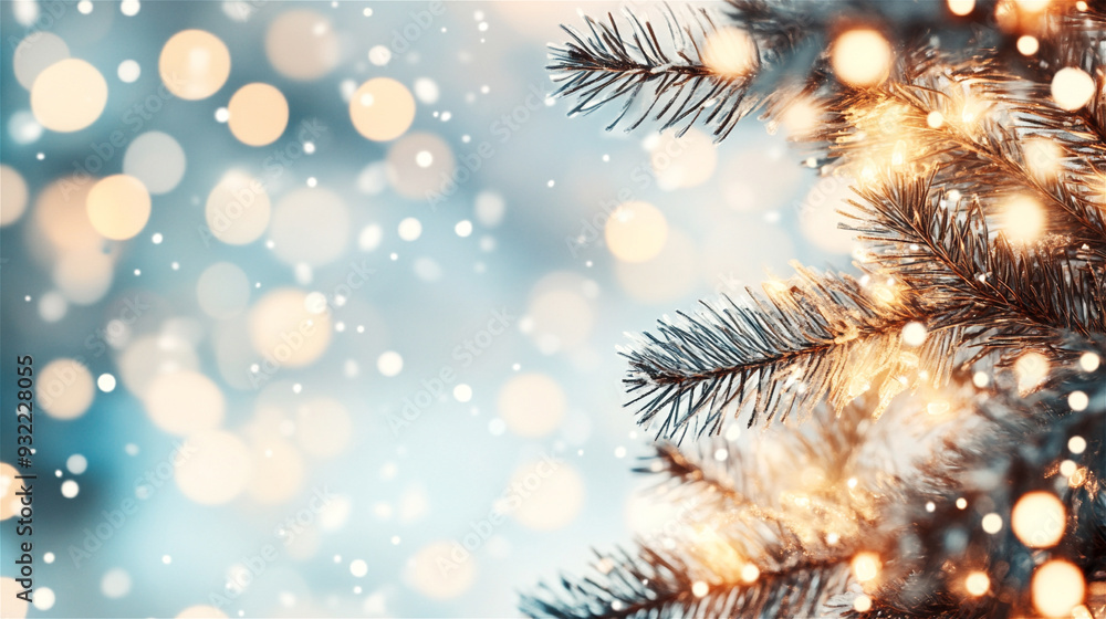 Christmas tree branches covered in snow with twinkling lights creating a festive holiday background. Copy space Christmas tree branches covered in snow with twinkling lights creating a festive holiday background. Copy space