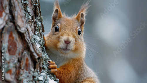 Cute squirrel peeking out from behind a tree trunk close-up