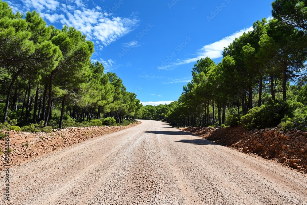 Naklejka premium A scenic dirt road winding through a lush green forest under a bright blue sky, inviting exploration and adventure.