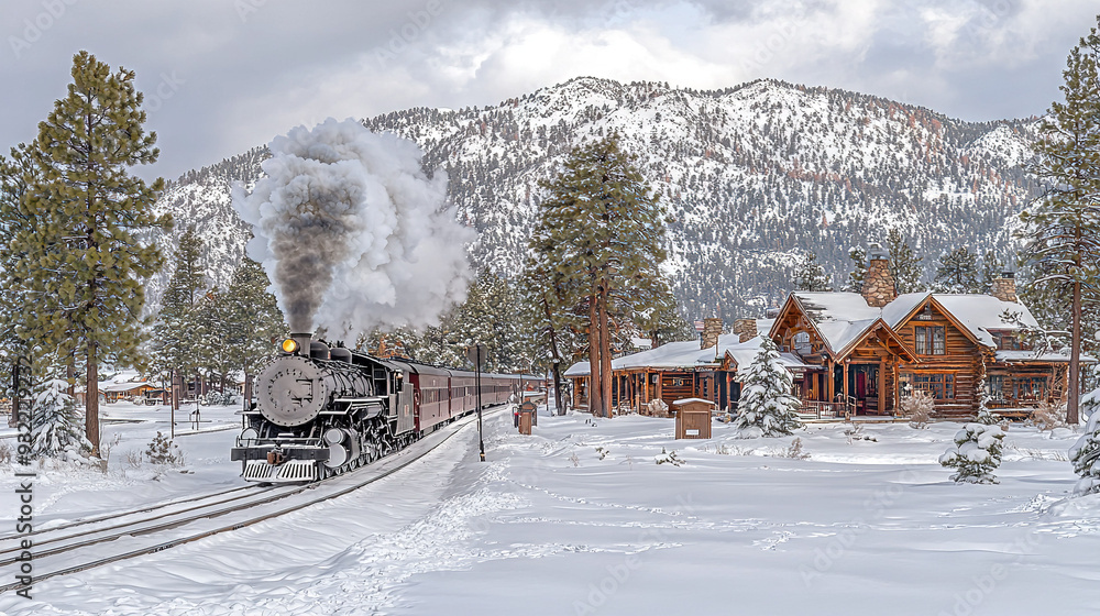A train travels along train tracks past a snowy forest and towering mountain, with a cozy house visible across the track A train travels along train tracks past a snowy forest and towering mountain, with a cozy house visible across the track
