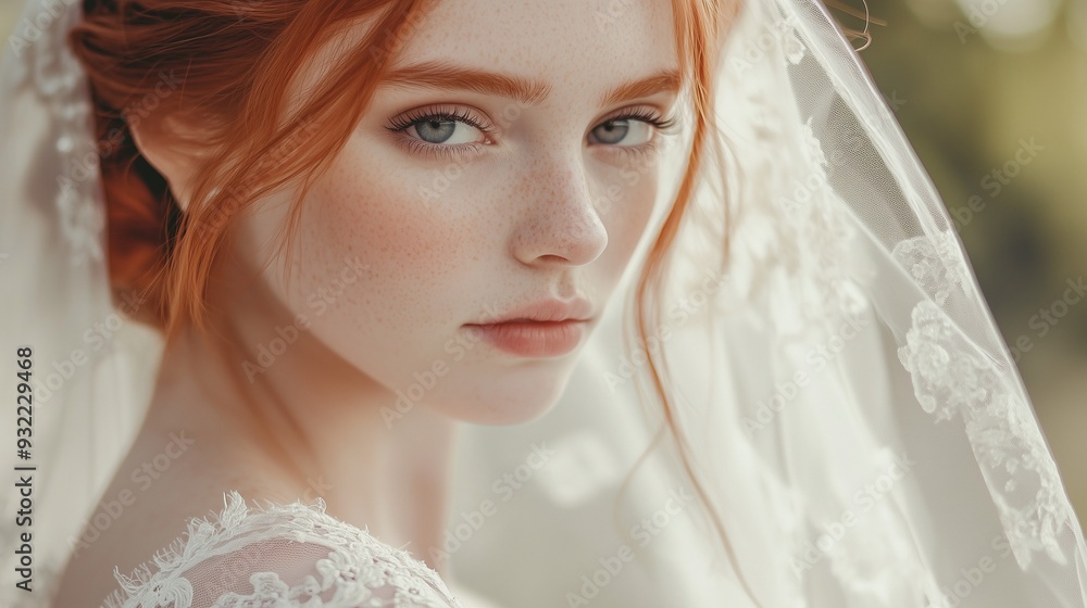 Beautiful young red-haired bride in a wedding dress and veil. Wedding makeup.