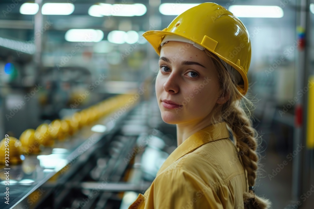 Woman wearing a hard hat on the job site, possibly in a manufacturing or construction setting Woman wearing a hard hat on the job site, possibly in a manufacturing or construction setting