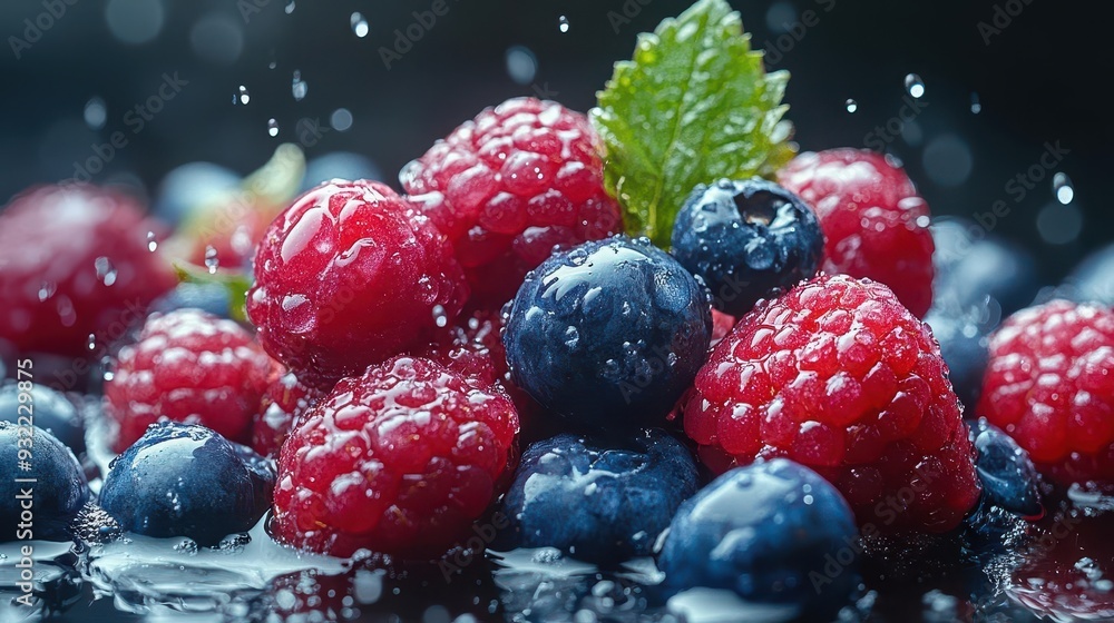 macro shot of assorted fresh wild berries suspended midair against dark background glistening with water droplets conveying juicy freshness macro shot of assorted fresh wild berries suspended midair against dark background glistening with water droplets conveying juicy freshness