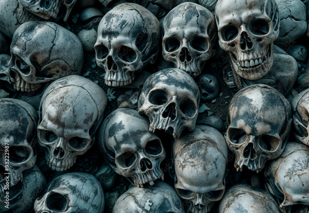 A group of human skulls with detailed textures A group of human skulls with detailed textures