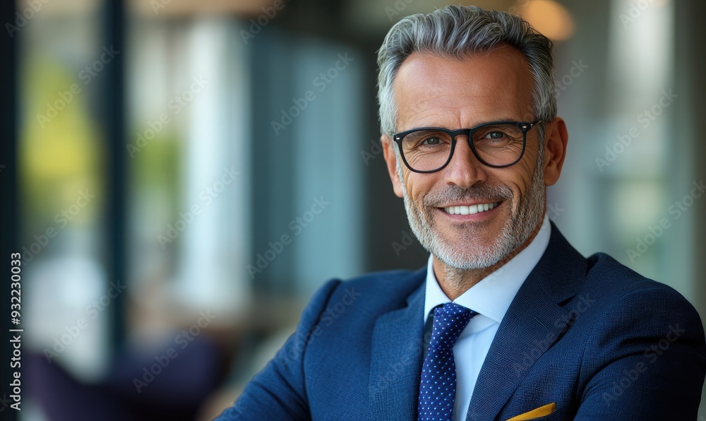 Fototapeta premium Confident Charismatic Businessman in Stylish Suit, Exuding Leadership and Charm in Modern Office Setting