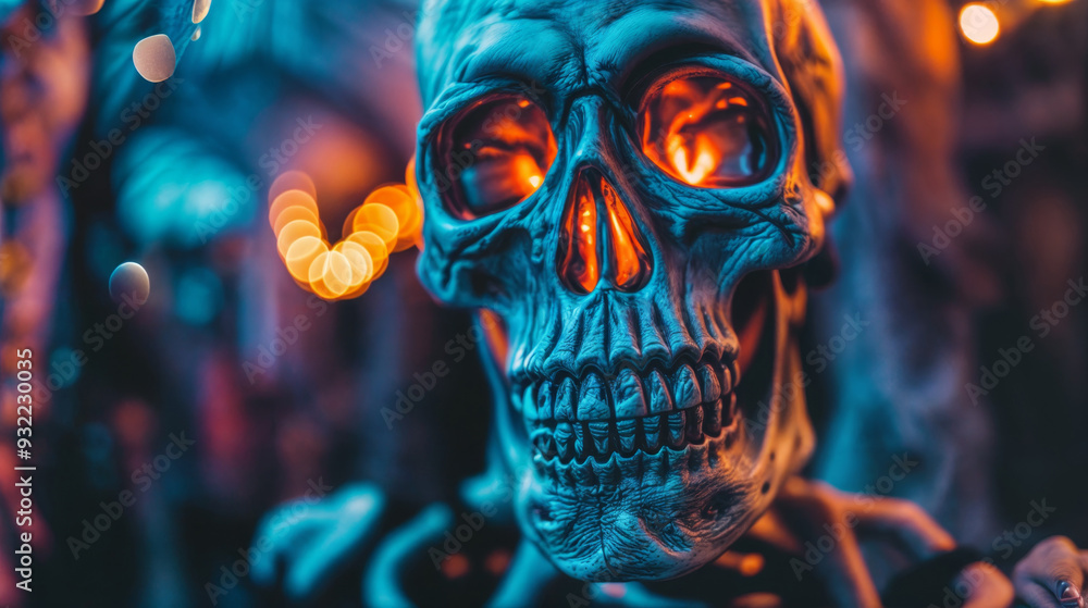 Closeup view of a skull with intense red eyes against festive bokeh lights backdrop Closeup view of a skull with intense red eyes against festive bokeh lights backdrop