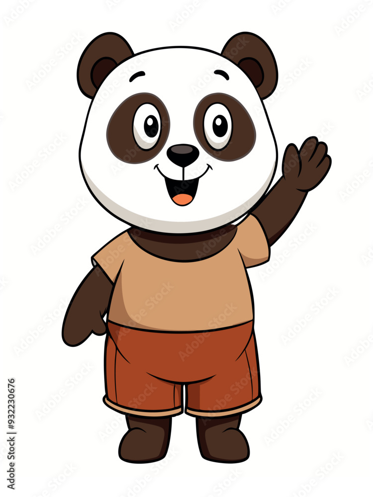 Naklejka premium a cute panda wearing brown shorts waving like saying hi