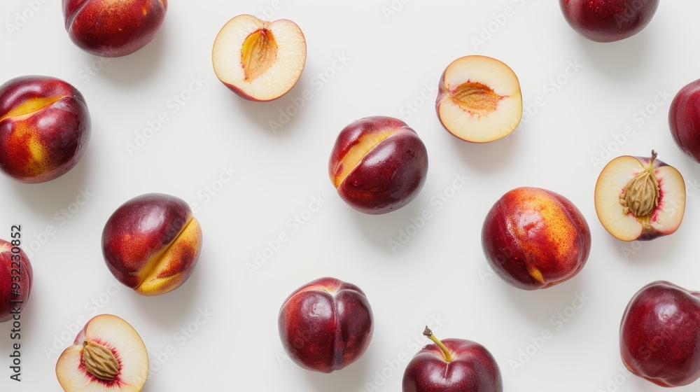 Fresh ripe peaches arranged on white surface, vibrant colors perfect for summer. Healthy, organic, delicious fruit for various uses, packed with nutrients Fresh ripe peaches arranged on white surface, vibrant colors perfect for summer. Healthy, organic, delicious fruit for various uses, packed with nutrients