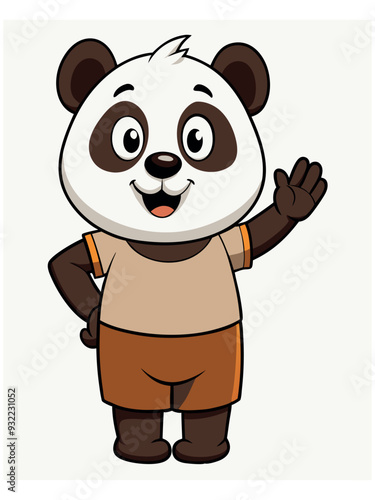 a cute panda wearing brown shorts waving like saying hi