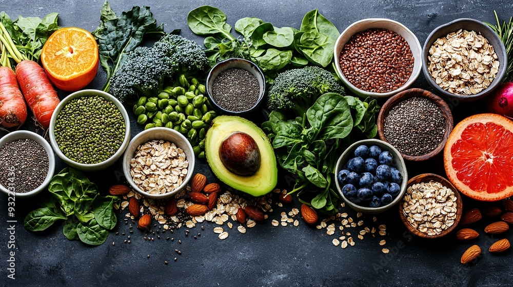 A table displays an array of various fruits, veggies, nuts, and food items A table displays an array of various fruits, veggies, nuts, and food items