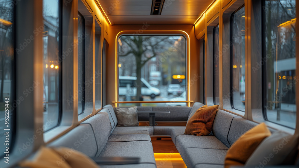 Fototapeta premium Empty train interior with cozy seating and illuminated yellow lights.
