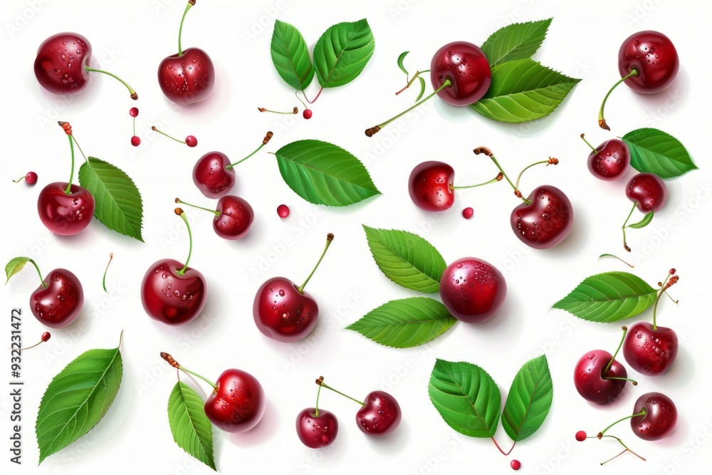 A collection of ripe red cherries scattered with vibrant green leaves. This artistic arrangement highlights freshness and promotes healthy eating. Generative AI A collection of ripe red cherries scattered with vibrant green leaves. This artistic arrangement highlights freshness and promotes healthy eating. Generative AI