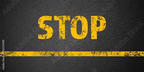 Asphalt road with stop lane marking, concrete highway surface, texture. Street traffic line, road dividing strip. Pattern with grainy structure, grunge stone background. Vector illustration