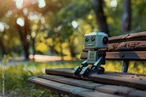 A robot is sitting on a bench in a park, generative ai image