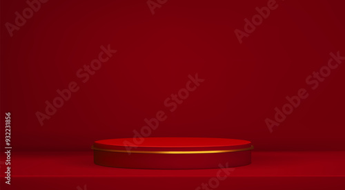 3d abstract red studio room background. Maroon empty wall red podium backdrop. Product minimal mockup. Scene product presentation chinese design. Vector illustration for Xmas, New Year, holiday design