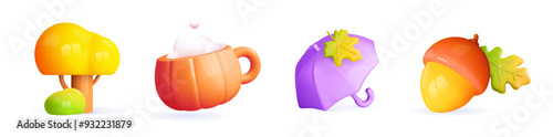 3d autumn icons. Autumn yellow tree, umbrella, acorn, pumpkin mug. Decoration season elements for thanksgiving, autumn background. Cartoon vector illustration.