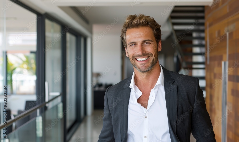 Confident Charismatic Businessman in Stylish Suit, Exuding Leadership and Charm in Modern Office Setting Confident Charismatic Businessman in Stylish Suit, Exuding Leadership and Charm in Modern Office Setting