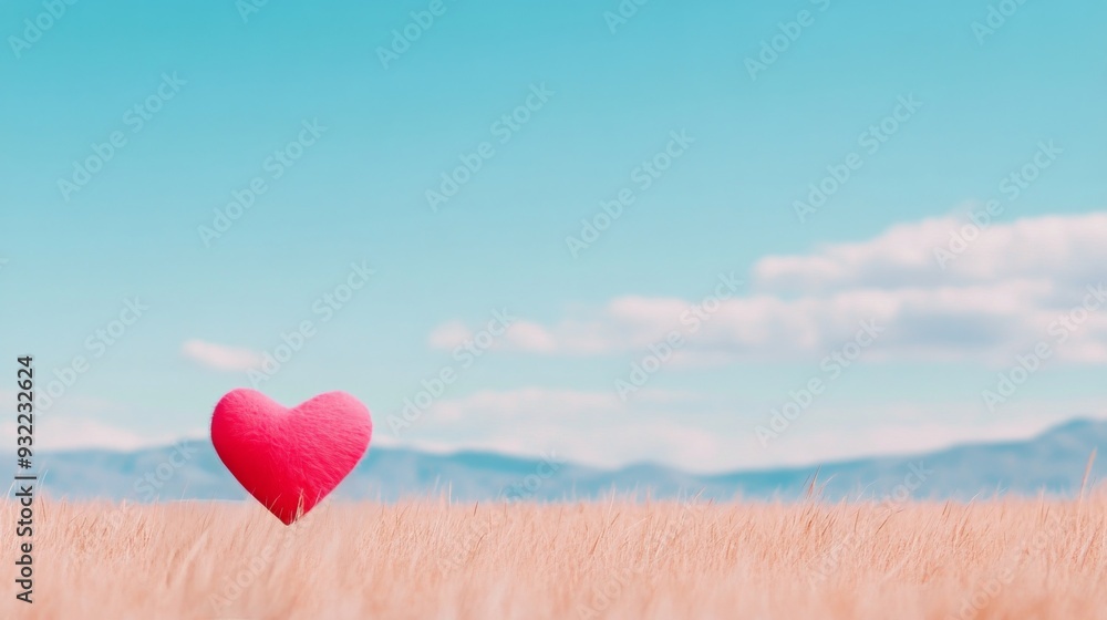 Fototapeta premium Heart-shaped stone on grassy hillside under a cloudy sky in a serene landscape