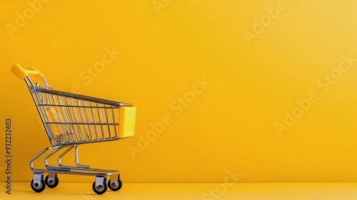 Empty shopping cart against a bright yellow background in a retail setting