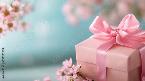 Gift box with pink ribbon surrounded by flowers and bokeh lights in soft past...