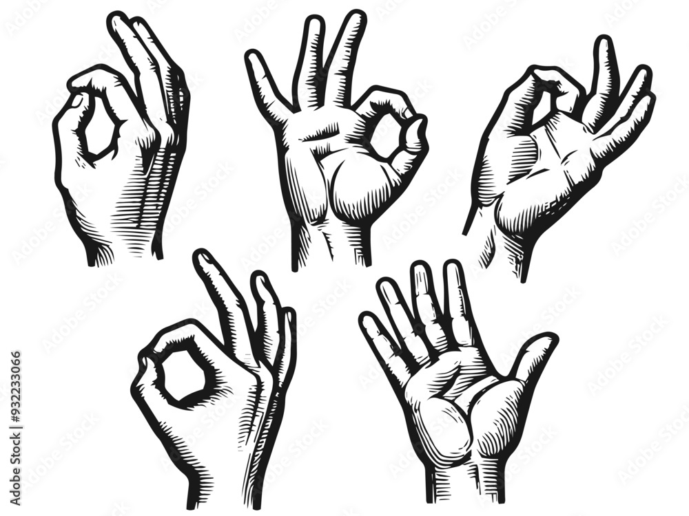 Fototapeta premium Various hand gestures in vintage engraving style on white background. Vector, generative ai.