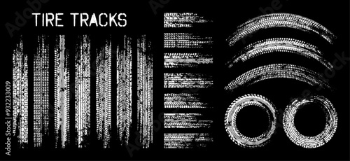 Grunge tire tracks, wheel braking marks. Truck, car or motorcycle tread pattern silhouettes. Auto race, motorsport, speed racing design element. Vector illustration