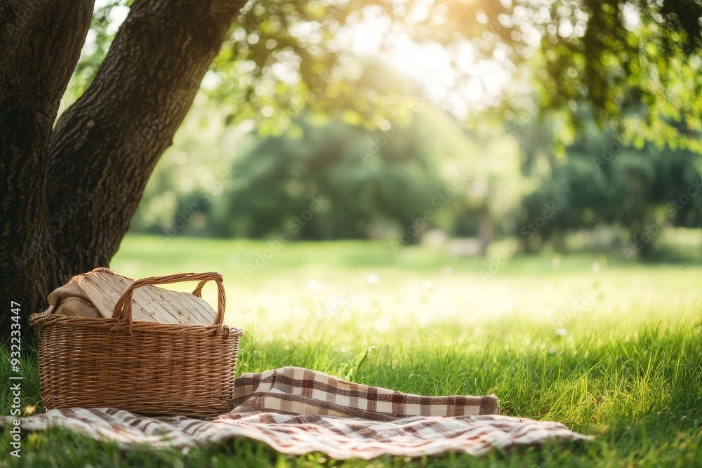 Picnic setup with wicker basket and fruits under a tree on a grassy field summer afternoon Picnic setup with wicker basket and fruits under a tree on a grassy field summer afternoon