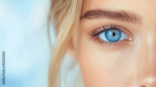 Close-up of a person's blue eye with soft focus background and natural light