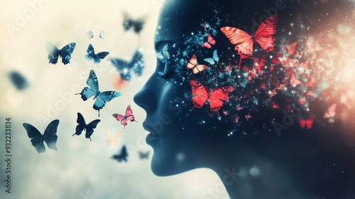 Woman's silhouette with colorful butterflies emerging at dusk