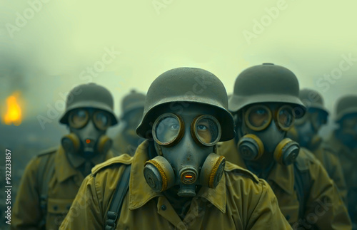 First World War one. wwi. chemical gas attack imitation. team, group soldiers in gas masks with goggles. fog and smoke. German wearing helmets going through clouds of toxic smoke iprit in battlefield photo