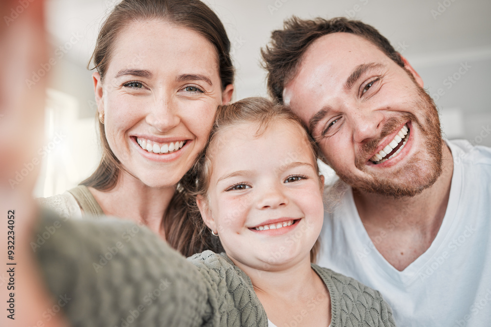 Family, portrait and selfie in house for relax, bonding and happiness with joy, embrace and fun weekend. Man, woman and child in living room for memory, support and social media together with smile Family, portrait and selfie in house for relax, bonding and happiness with joy, embrace and fun weekend. Man, woman and child in living room for memory, support and social media together with smile