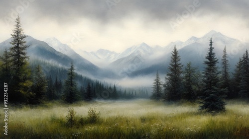 Misty mountain landscape with evergreen trees and tall grass at dawn