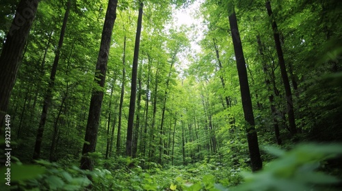 Lush green forest with tall trees under a bright sky on a sunny day